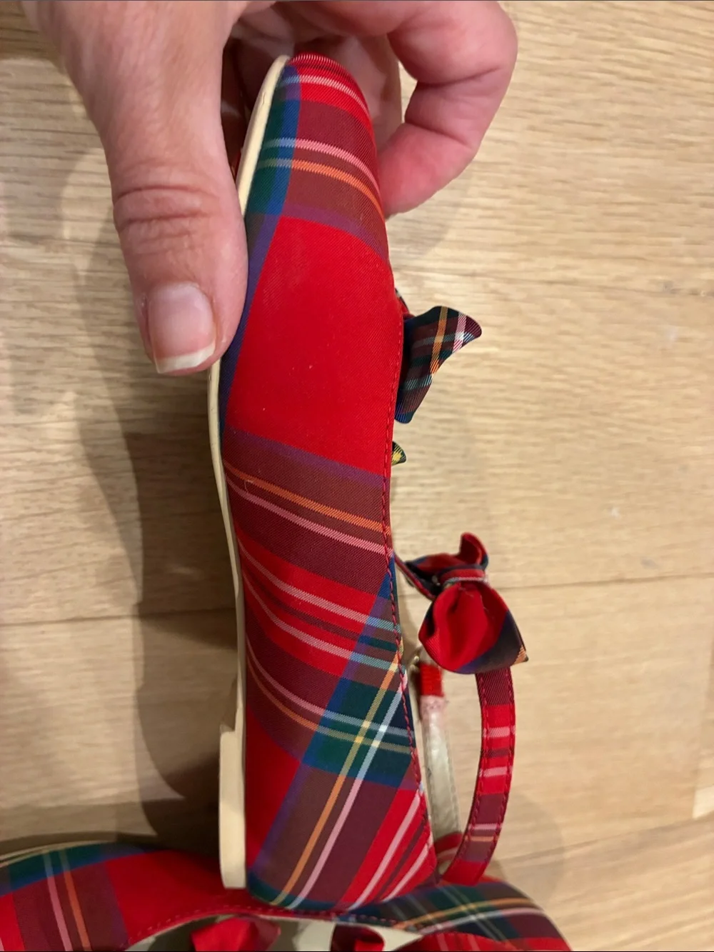 Janie and Jack girls Red Plaid Bow Strap Flats Christmas, holiday